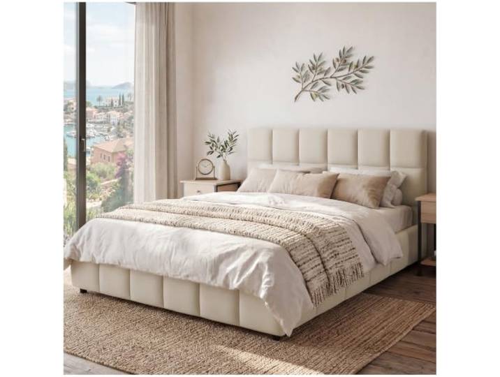 tectake® Polsterbett 180x200 cm, integrierter Lattenrost, 250 kg belastbar pulverbeschichtetes Stahlgestell, bodenschonende Kunststofffüße, pflegeleicht, Samtoptik sand