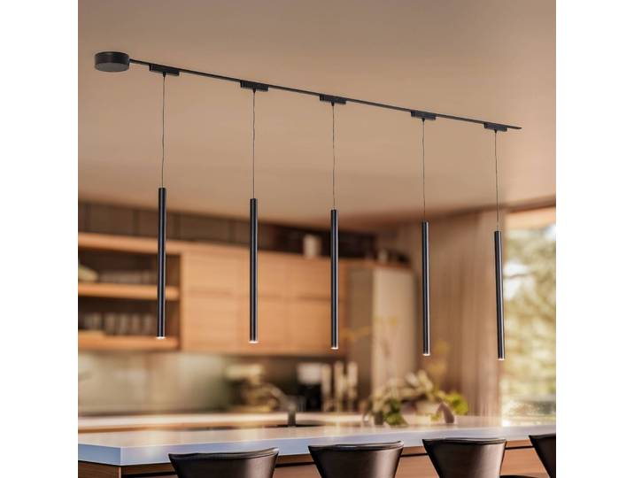 Schienensystem 48V Lumaro, Pendel, 5-flg., schwarz, dimmbar Lumaro Lindby,, schwarz, für Wohn- / Esszimmer, Aluminium, Modern