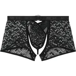 WOH Herren Boxer-String - Pure Seduction, Netz, Spitze, Logobund Schwarz / L