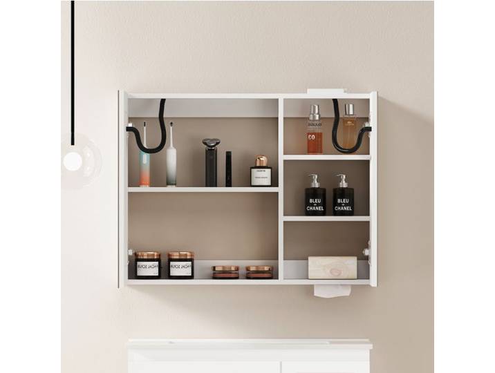WOVREO Armoire miroir LED murale 80 cm double porte avec rangement intégré MDF et verre blanc