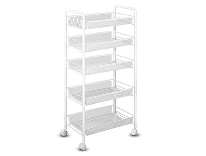 Rollwagen, Metallwagen feststellbare Räder 4 Haken Küche Bad(/White 5 Tier)