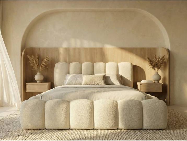 yourhouse24 Polsterbett DALLAS Slim Bubble-Design aus Bouclé, inkl. Bettkasten, Platzsparendes Chunky-Bett mit vertikaler Steppung