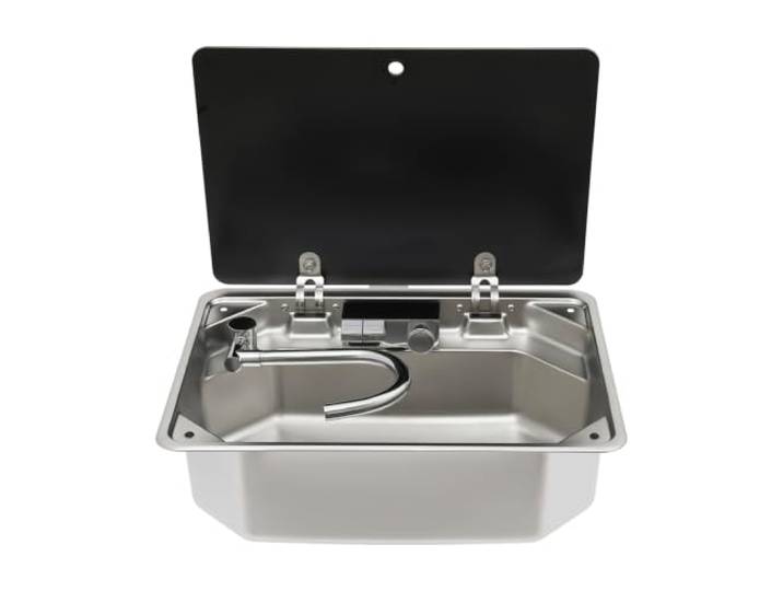 Wohnmobil Waschbecken 0-100°C Edelstahl Klappdeckel Glas Camping Spüle Mit Warm/Kaltwasser Anschluss,Schwenkbarem Hahn,Für Wohnmobil,Camper,Camping Küche,Outdoor Reisen,50*37,94*16,6 cm