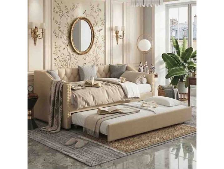 Canapé-lit 90x200cm - Gigogne avec Lit Tiroir - Design Capitonne - Gain de Place - Lin Beige