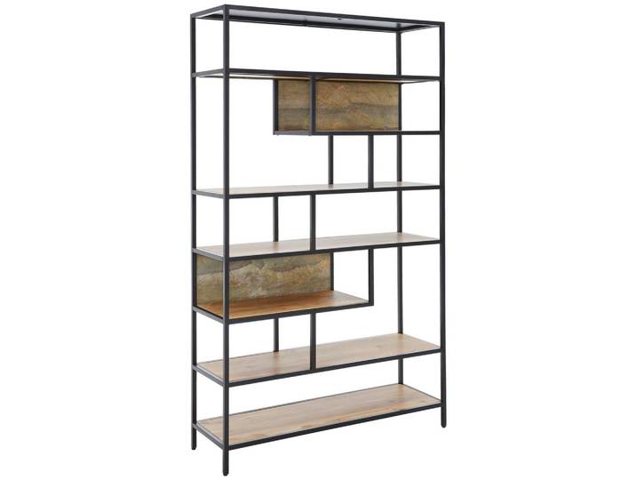 Livetastic Regal Lome, Grün, Schwarz, Akaziefarben, Holz, Metall, Akazie, vollmassiv, Holz, 7 Fächer, 120x201x38 cm, stehend, Holzmöbel, Holzregale, Bücherregale Holz