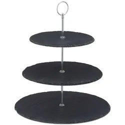 Relaxdays Etagere, 3 Etagen, Schiefer, Kuchen, Snacks, Obst, Metallgriff, Servierständer, HxD 34x30 cm, anthrazit/silber