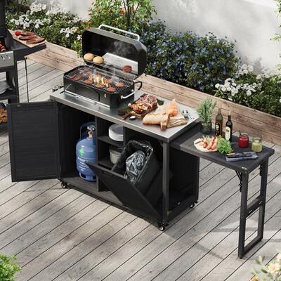 Chichoice "78.3"" Outdoor Grill Cart with Foldable Grill Table and Trash Can Bin Storage"