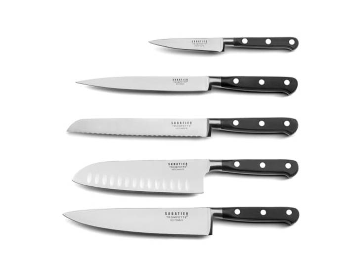 Sabatier Trompette Origin set 5 couteaux de cuisine dont chef et santoku Office\, filet de sole\, pain\, santoku et chef 20 cm\, acier 5Cr15MoV\, manche ABS pleine soie riveté