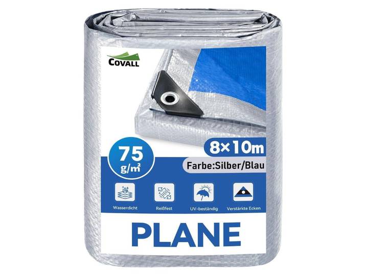 Plane 8 x 10 m – 75g/m² wasserdicht PE Silber/Blau mit verstärkten Ösen