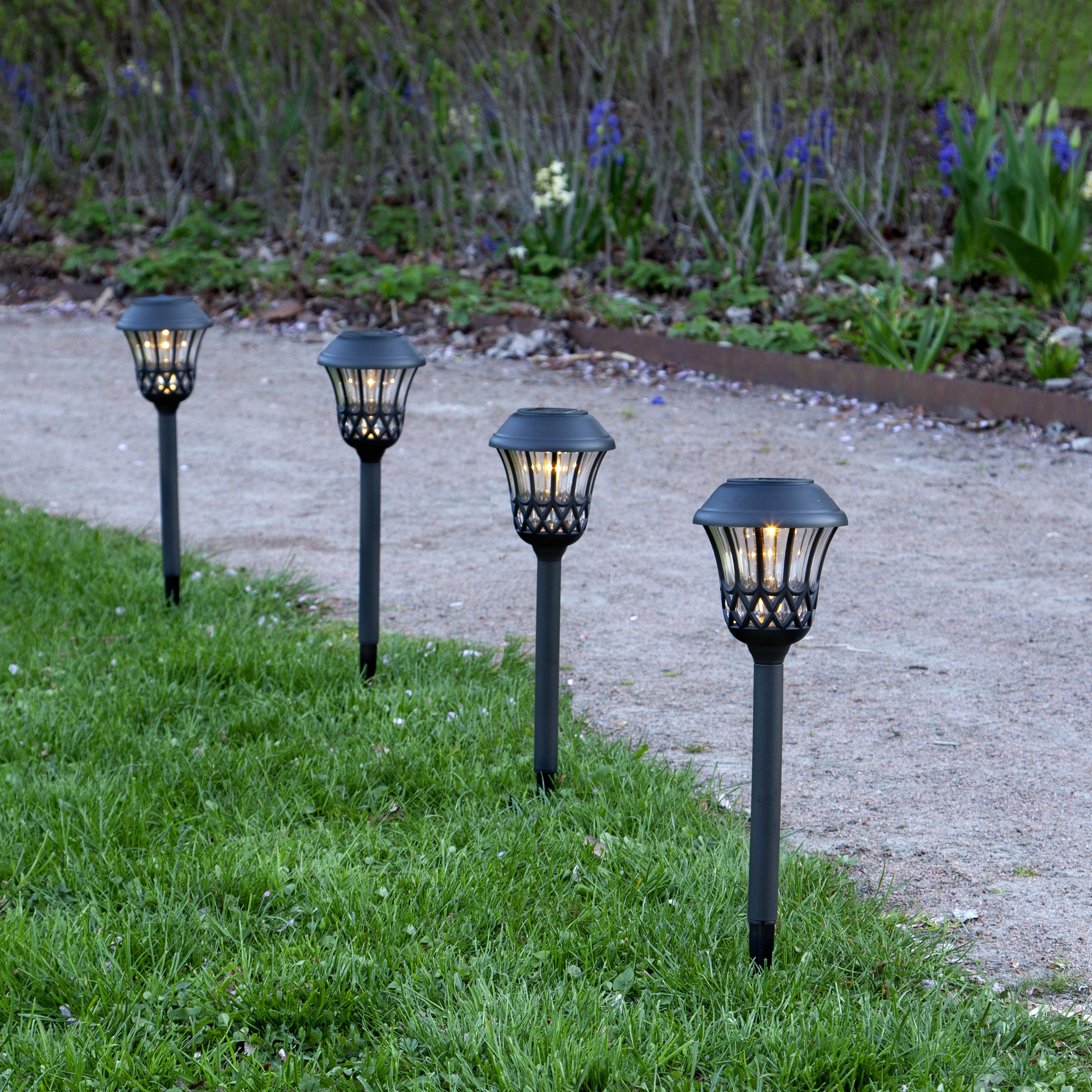 LED Solarleuchte "Solar-Wegleuchte Lace", schwarz, B:11cm H:31cm L:11cm T:11cm Ø:11cm, PARFORCE TRADITIONAL HUNTING, Leuchten, LED Solarleuchte, 4er-Set Solar-Wegeleuchten, dekoratives Muster, Dämmerungssensor