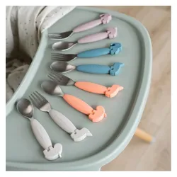 Done by Deer, Kindergeschirr + Kinderbesteck, Löffel- und Gabelset Easy-grip, Deer friends Blau