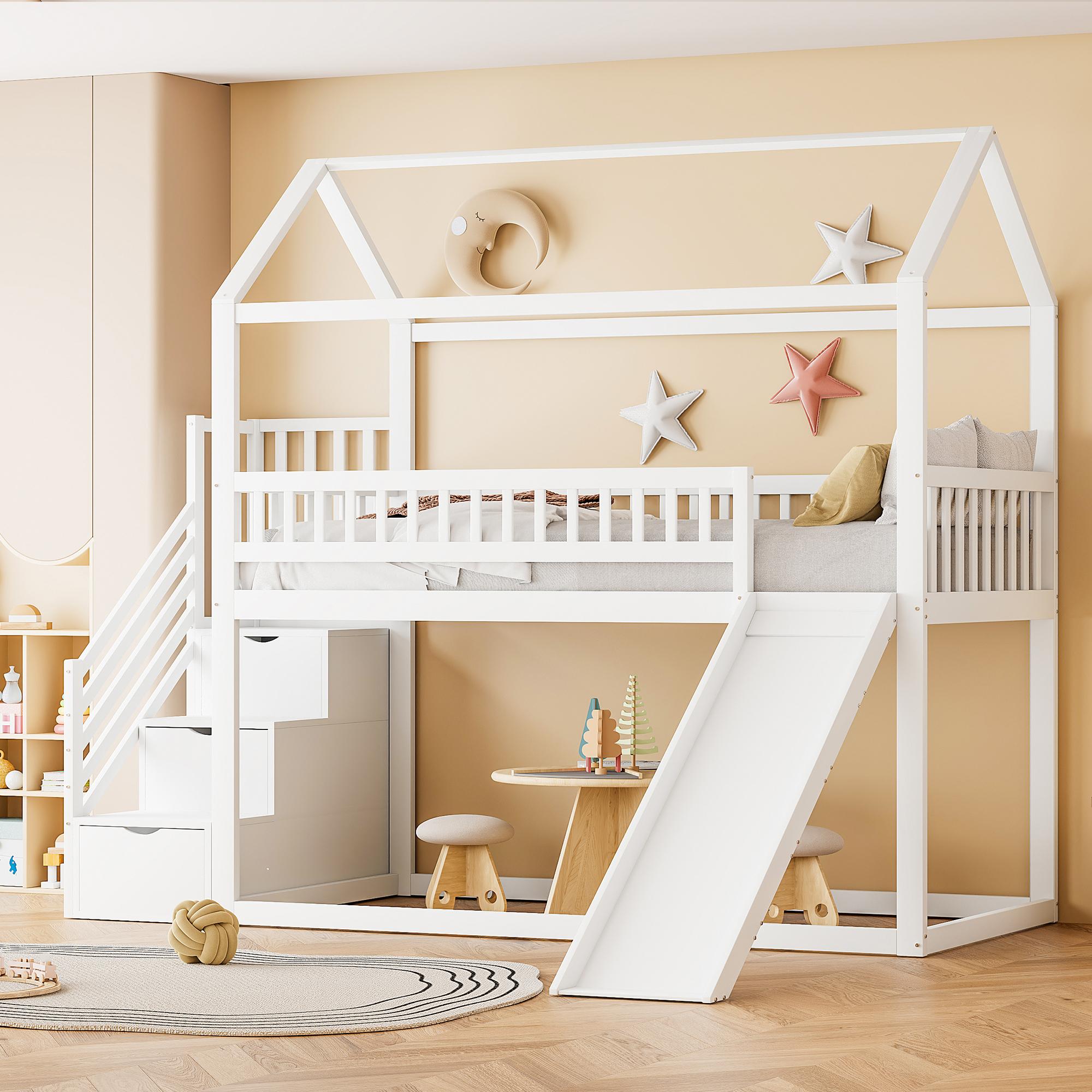 Kinderetagenbett 90×200cm (Massivholz, weiß): Zwischengeschoss, Rutsche + Stauraumleiter, hohes Geländer, Lattenrost.