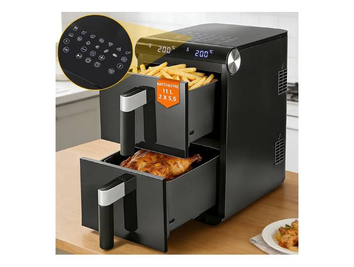Nettlife Heißluftfritteuse Air fryer 2 unabhängigen Kammern 11L Gesamtvolumen 13-in-1 Doppelzonen-Funktion, 2800 W, Automatische Abschaltung Dual Zone Temperatursteuerung Timer