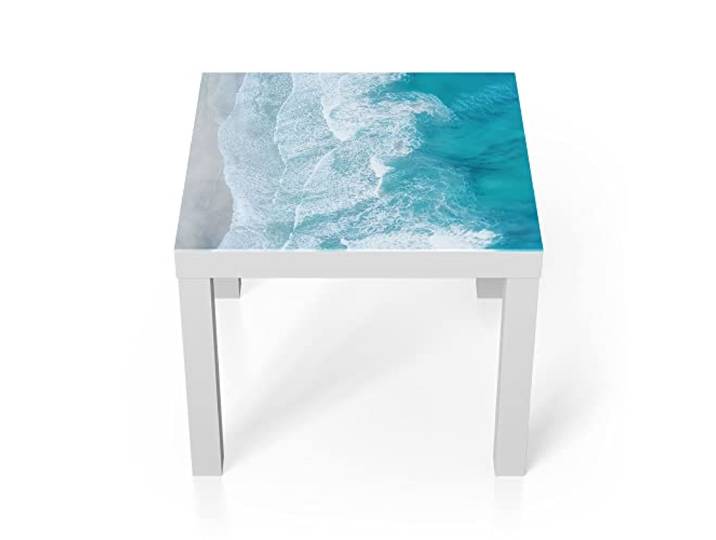 DEQORI Glastisch weiß klein 55x55 cm Motiv Meeresbrandung von oben ausgefallener Beistelltisch aus Glas Hochglanz Couchtisch fürs Wohnzimmer moderner Couch Tisch mit Design