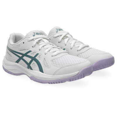 Hallenschuh ASICS "UPCOURT 6 GS", Mädchen, Gr. 39,5, weiß (weiß, pure silber), Synthetik, Schuhe Hallenschuh, geeignet für Handball&Volleyball, Indoorschuh, nicht abfärbende Sohle