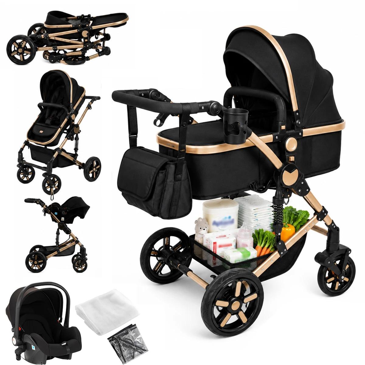 3-in-1-Babywagen - Reisesystem - Zusammenklappbar - Wendesitz - Aluminiumrahmen - Stoßdämpfende Räder - 20 kg Traglast - Schwarzgold