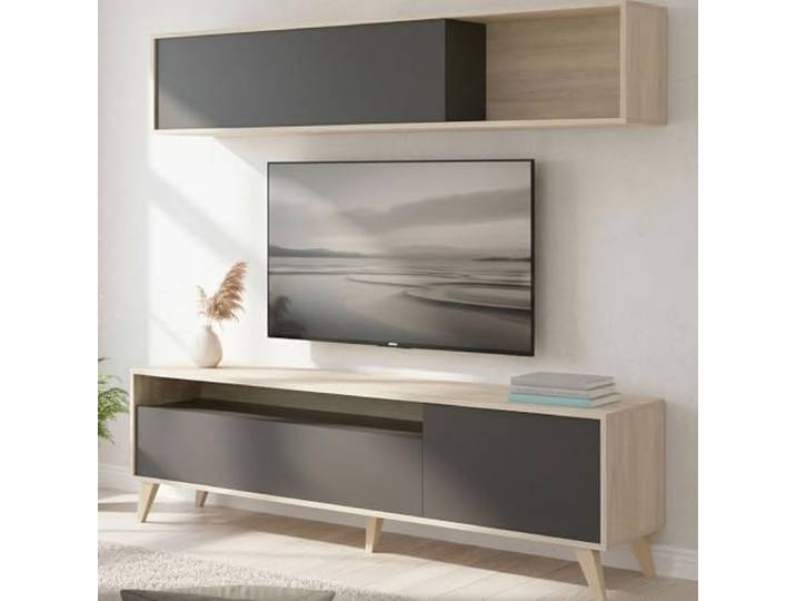 Dmora - Wohnzimmermöbel Tambo, TV-Ständer-Wohnzimmerset, Mehrzweck-Wohnzimmermöbel, 180x41h180 cm, Anthrazit und Asteiche