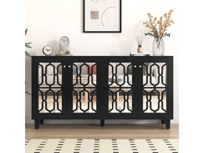 Buffet Noir en miroir -SEYAKANY - avec poignées en cristal quatre portes avec stratifié mobile. 160x 40x 84 cm Noir
