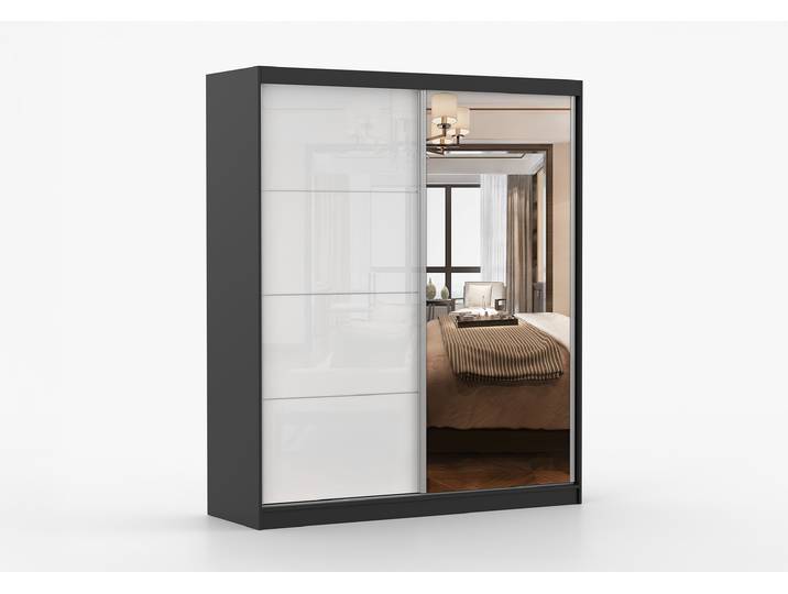 Schwebetürenschrank MULTI 35 183 cm Schwarz Weiß Semigloss + Spiegel