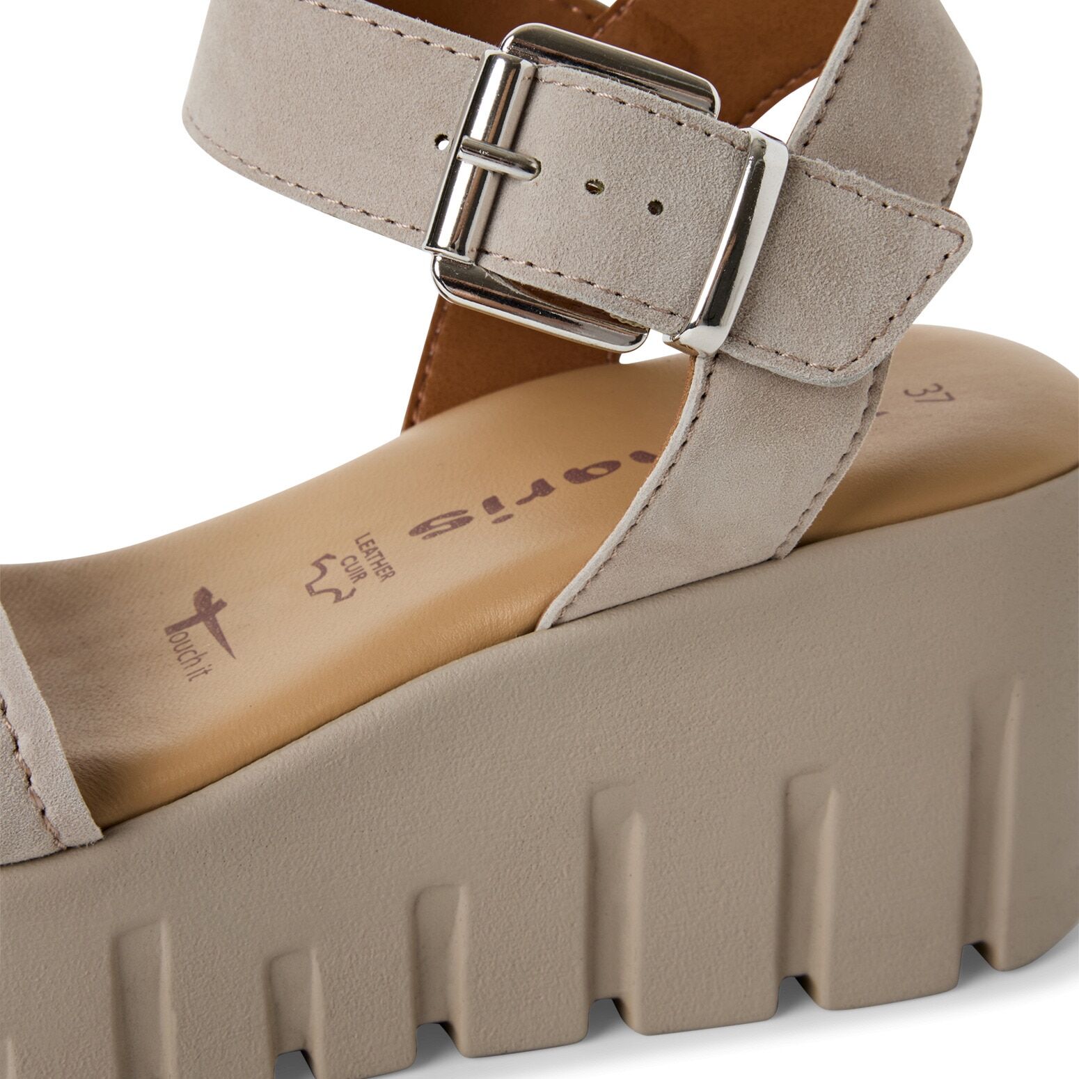 Keilsandalette TAMARIS, Damen, Gr. 42, Synthetik, grau (taupe), Veloursleder, Schuhe Keilsandalette, Sommerschuh, Riemchensandale mit modischer Plateausohle taupe 42, Synthetik