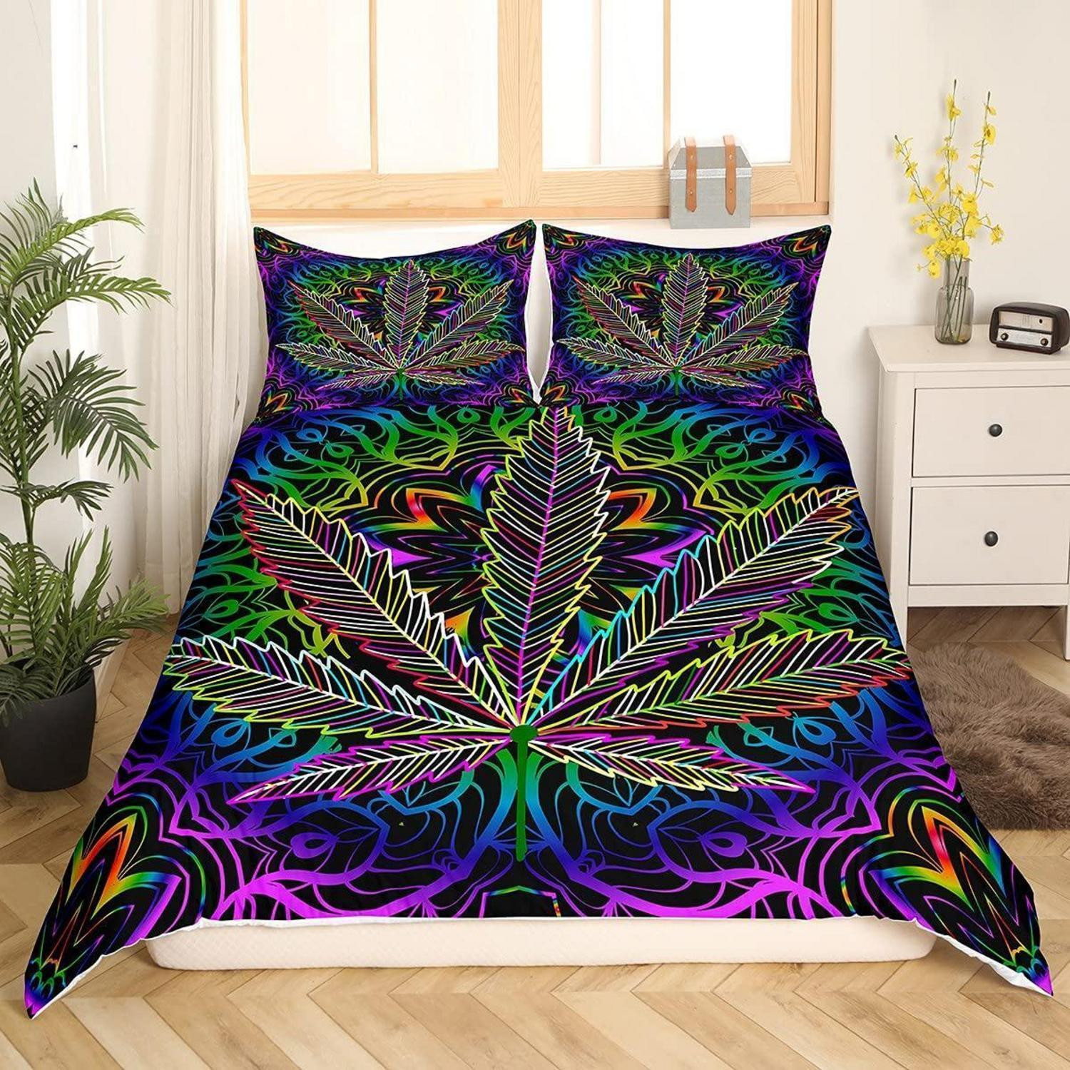 Loussiesd 2-delig beddengoedset met marihuana-bladmotief in kleurrijk microvezel, 135 x 200 cm