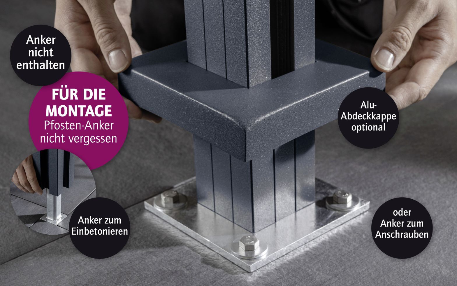 Ambiente Aluminium-Pfosten 187 cm, 68 x 68 mm, Anthrazit Struktur 7016