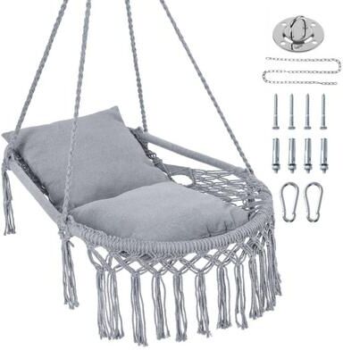 Costway Macrame Swing Chair Hammock Chair with 2 Removable Cushions-Grey