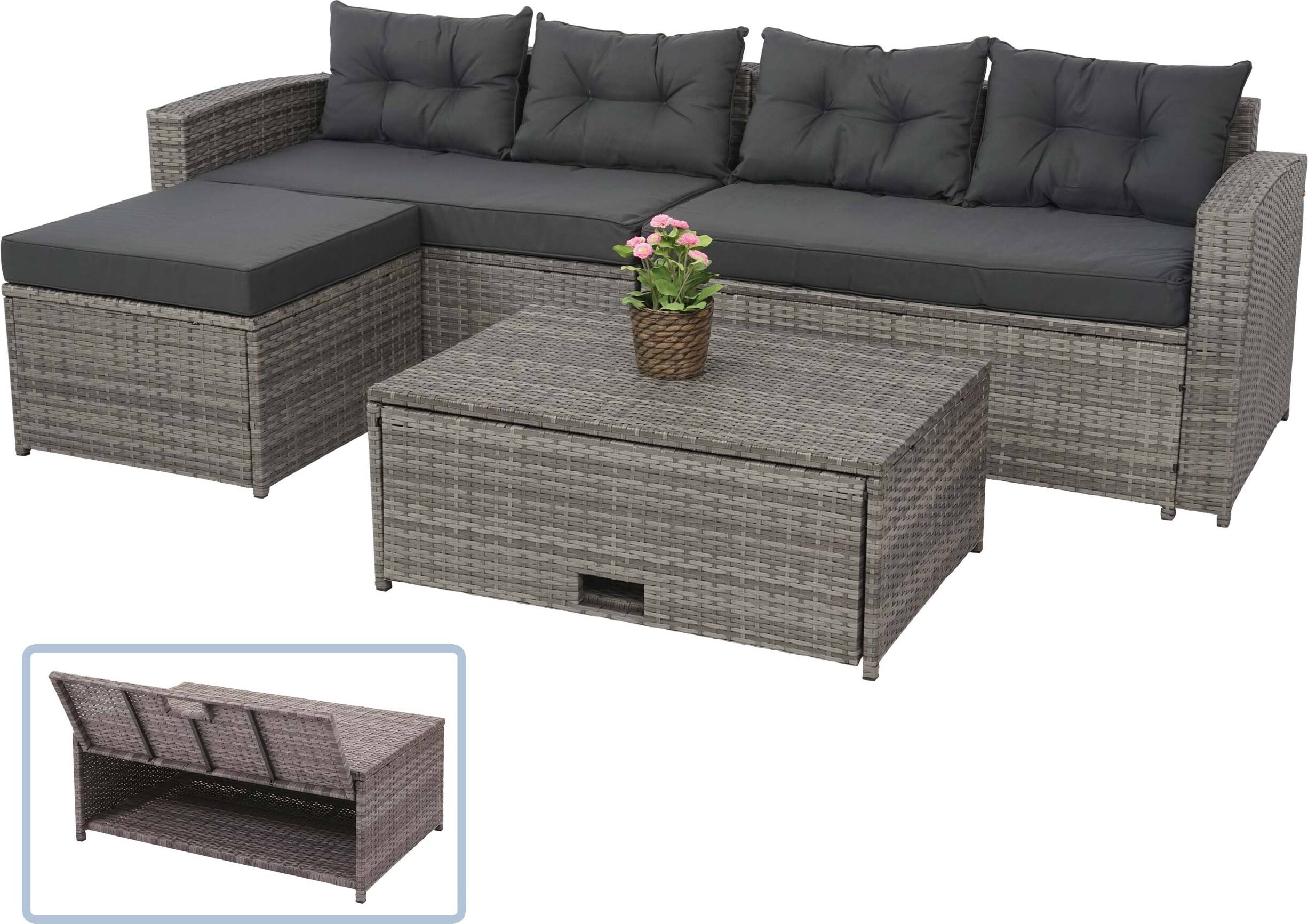 Poly-Rattan Garnitur HWC-J34, Balkon-/Garten-/Lounge-Set Sitzgruppe Sofa, Staufach grau, Kissen dunkelgrau
