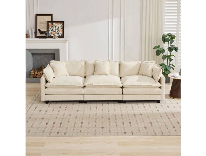 Canapé Modulable 3 Places En Chenille Beige Canapé Droit FloraGrace Pour Salon Montage Facile 289x75x84cm