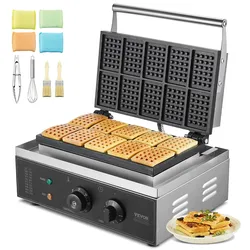 VEVOR Kommerzielles Waffeleisen 1550 W antihaftbeschichtetes Waffeleisen aus Edelstahl mit Temperatur- und Zeitregelung, Griff, für Restaurant Bäckerei Snackbar Familie 10 rechteckige Waffeln