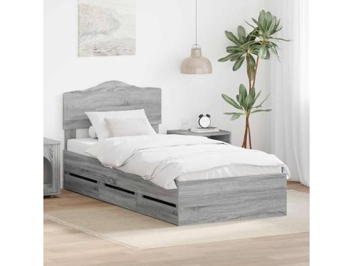 RJPLMFV Bettgestell, Grau, Sonoma, 90 x 200 cm, Holz, Technik Mit versteckten Schubladen, großem Kopfteil, einfache Montage, einfache Reinigung