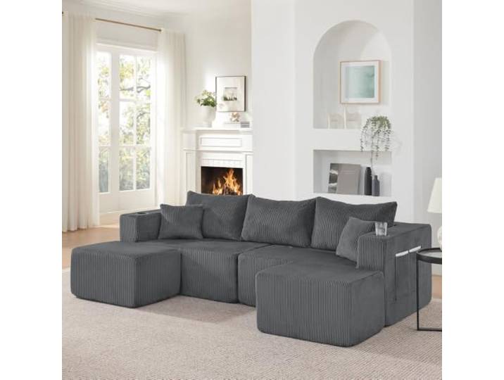 XINGNING L-Form Modulares Ecksofa 3-Sitzer Cordstoff Sofa mit Ottomanen Getränkehalter Seitentasche Kissen für Wohnzimmer Hotel Mietwohnung (Gray-1)