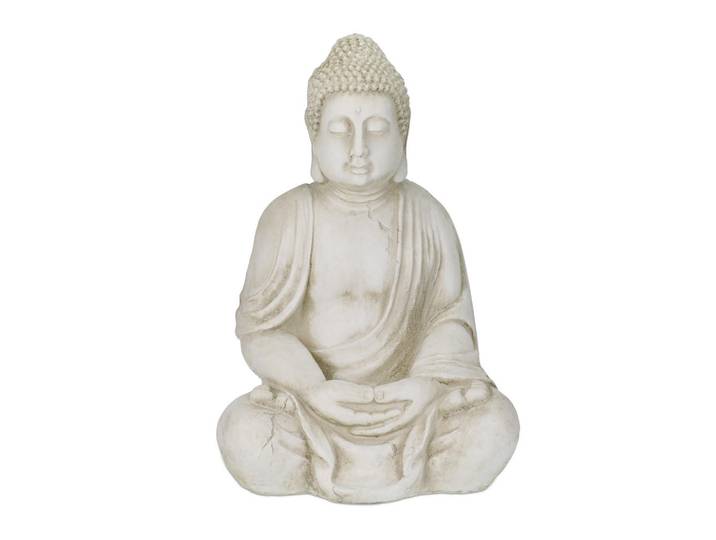 Relaxdays Figur Creme Buddha wetterfest 70 cm, Kunststoff, 45x70x35 cm, Dekoration, Dekofiguren & Skulpturen, Buddhastatuen