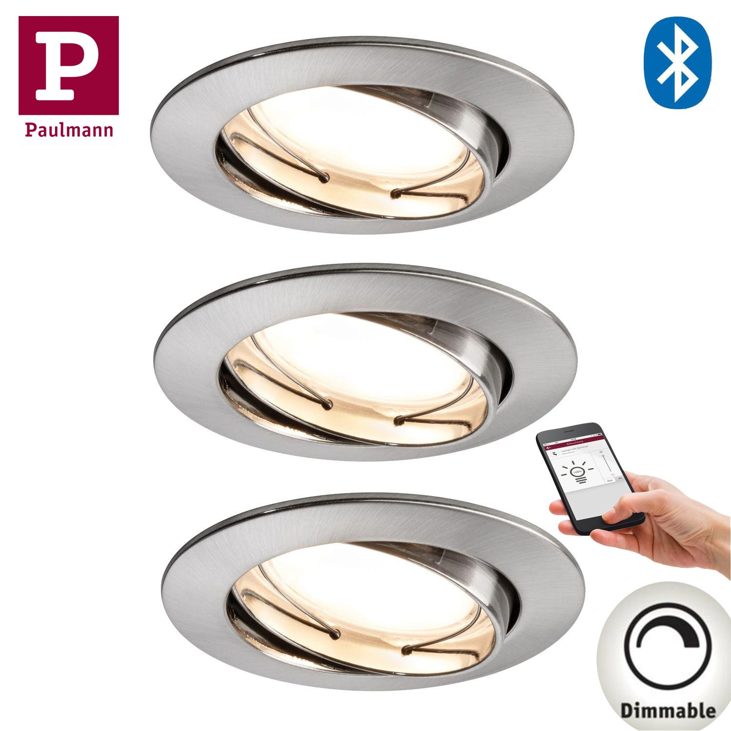 Paulmann SmartHome Bluetooth LED inbouwspotset, 3 stuks, 5,8W, dimbaar en kantelbaar, ijzer geborsteld/alu, 51 mm