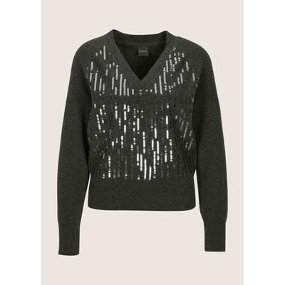 Longpullover MADELEINE "Feinstrickpullover Eleganter Wollpullover mit stilvollen Pailletten", Damen, Gr. 34, silber (bleigrau, silberfarben), Obermaterial: 100% Schurwolle WV., Modern, V-Ausschnitt, Pullover Longpullover, Hochwertiges Naturgarn