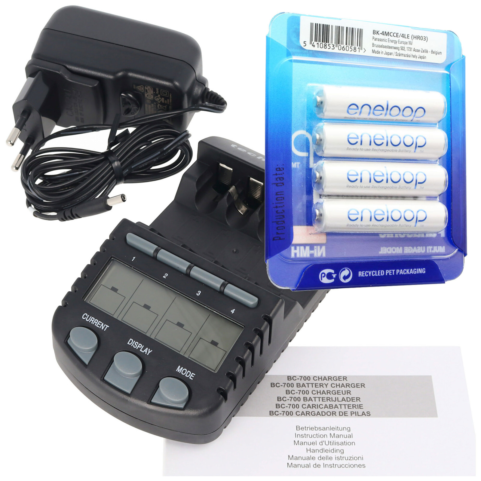 Panasonic Technoline BC 700 acculader zwart met 4x eneloop HR-UTG en AccuCell batterijhouder voor AAA-batterijen