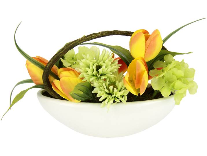 Gestecke OTTO HOME Tulpe, Calla, Hortensie, Gerbera , gelb (gelb, orange), B:23cm H:16cm L:10cm, Kunstpflanzen, Gestecke, In Schale, Kunstblume, Seidenblume