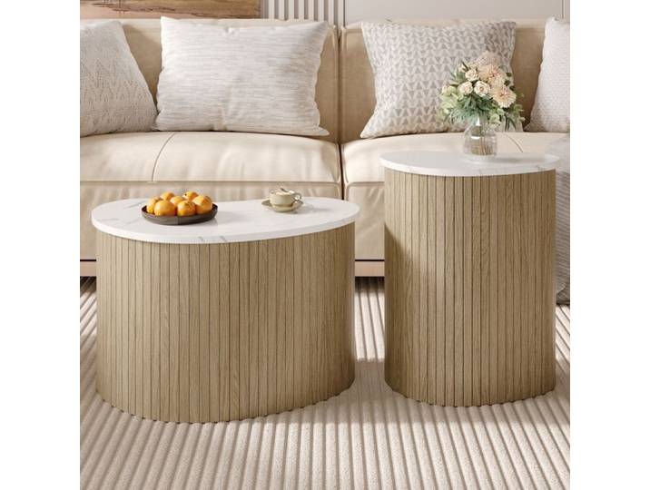 Table Basse - Lot de 2 - Design Scandinave - Marbre et Bois - Multifonctionnelle