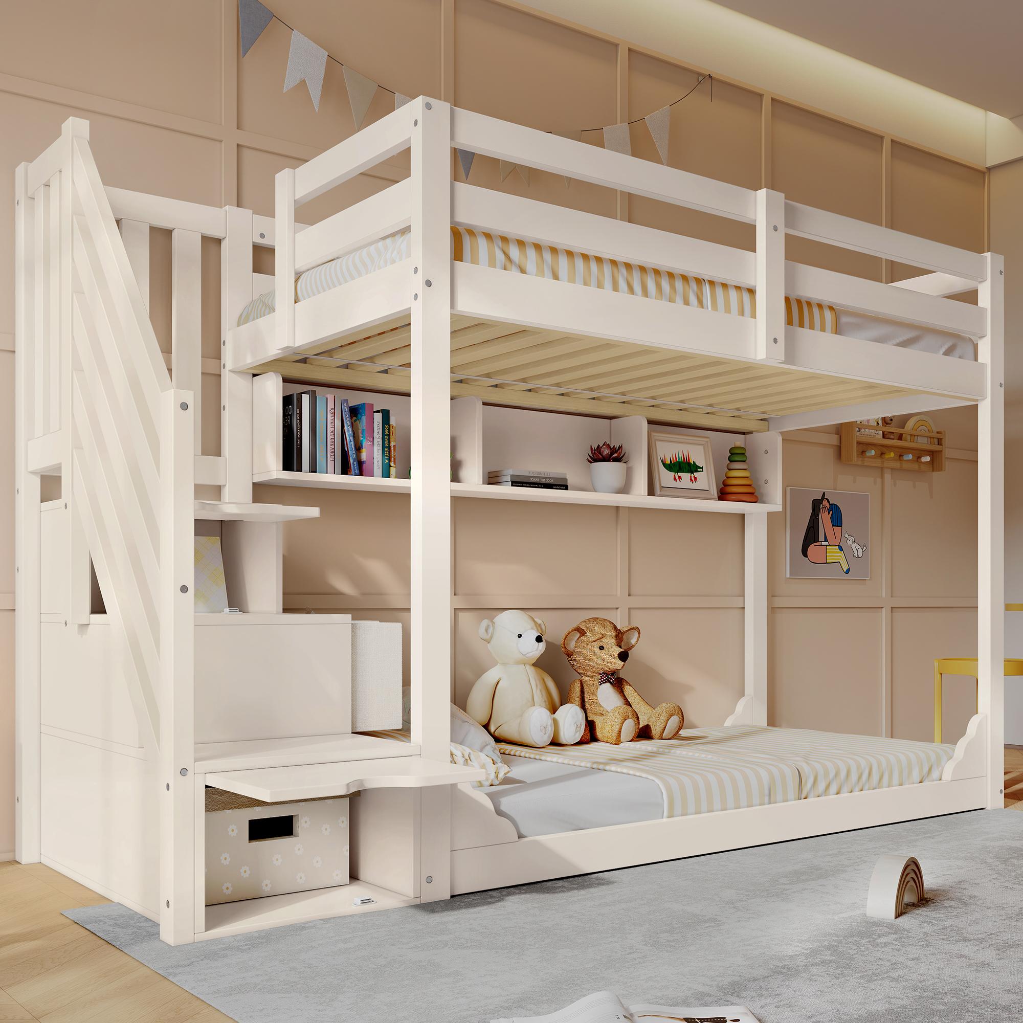 MODFU Etagenbett 90x200 Kinderbett mit Treppenschrank und Stauraum,Jugendbett Bettgestell mit Sicherheitsgeländer und Ablagefächern, Mit Matratze,Weiß