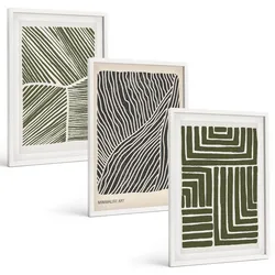 BILDER SET 3er Set - 40x60 cm Weißer Rahmen - Muster Linien Formen grün