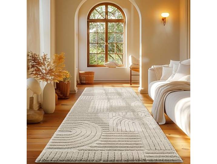 Carpetsale24 Tapis Coureur 80x250 cm Beige à Poils Longs Design bohème scandinave Effet Relief Shaggy Doux Moelleux Robuste Facile à Nettoyer Moderne pour Chambre\, Couloir