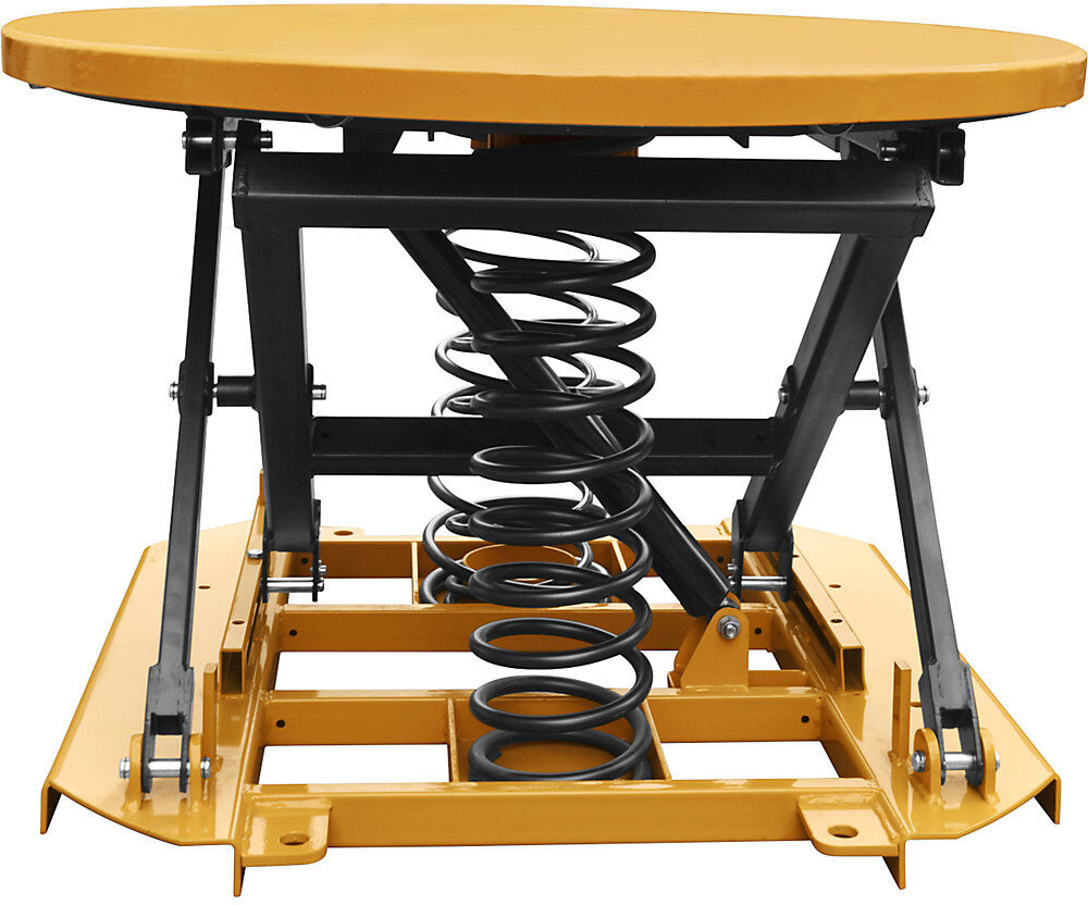 kaiserkraft Dreh-Hubtisch, selbstnivellierend, Tragfähigkeit 2000 kg, Drehplatte 1110 mm, melonengelb