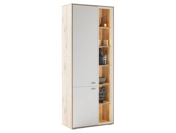 Lomadox Wohnzimmer Esszimmer Vitrine Vitrinenschrank breit Eiche weiß, inkl. LED-Beleuchtung, modern