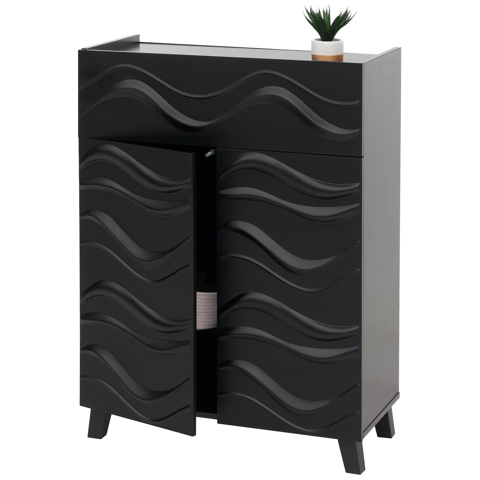 Kommode MCW-N86, Schrank Sideboard Anrichte, 3D-Wellen-Design Push-to-open Türen 107x76x36cm ~ schwarz