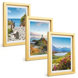 BILDER SET 3er Set - 20x30 cm Goldrahmen - Strand, Leuchtturm, Berge, Blumen