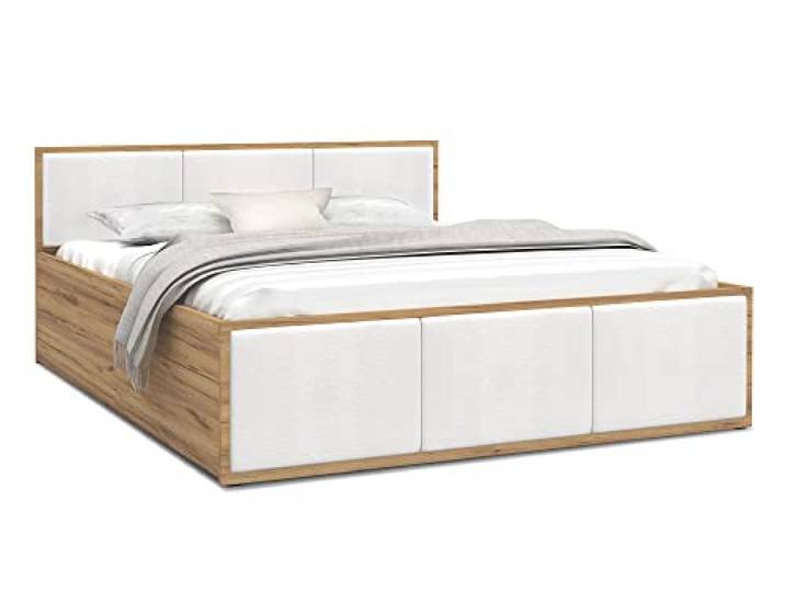FurnitureByJDM Bett 180x200 mit Stauraum & Gepolsterte Einsätze Doppelbett mit Bettkasten und aufklappbarem Lattenrost – Stauraumbett mit Liftfunktion PANAMA (Eiche Craft / Weiße Einsätze)