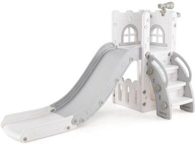 Costway 6-in-1 Toddler Slide L-shaped Playground with Basketball Hoop and Ladder-Gray