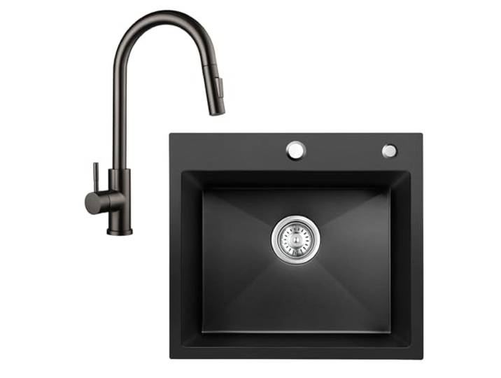 WOOHSE Modernes Spülbecken 50 x 45 cm mit Wasserhahn Küchen, Schwarze Küchenspüle, Spülbecken Edelstahl zum Aufsetzen, Robust und Langlebig, Leicht zu Reinigen