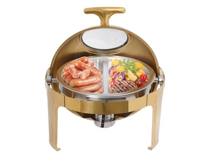 Bepritm Roll Top Edelstahl Buffet Wärmer Chafers, Runde Full Flip Top Heizplatte mit Sichtdeckel, Runde Chafing Dish Buffet Set für Catering Events Partys Hochzeiten Abendessen (Doppelgitter)