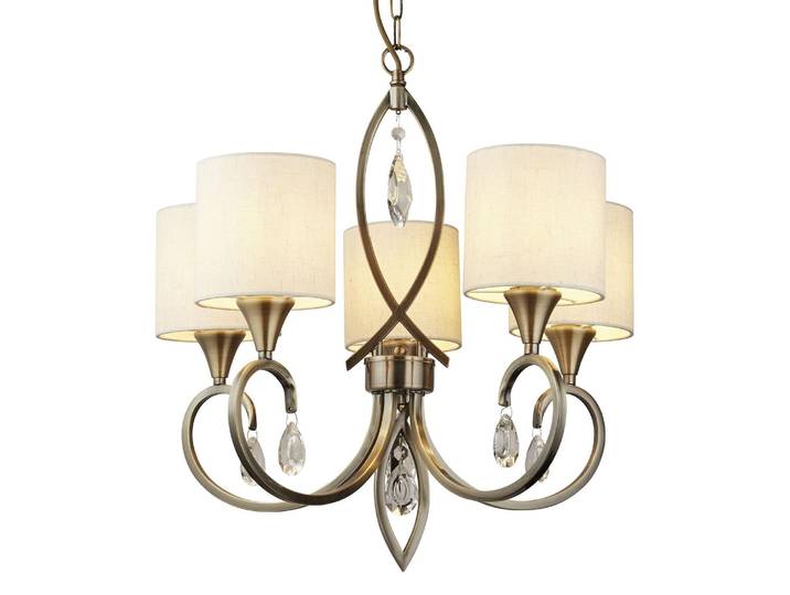 Alberto Lampe suspendue à 5 flammes laiton antique Abat-jour textile beigeReproduction cristal